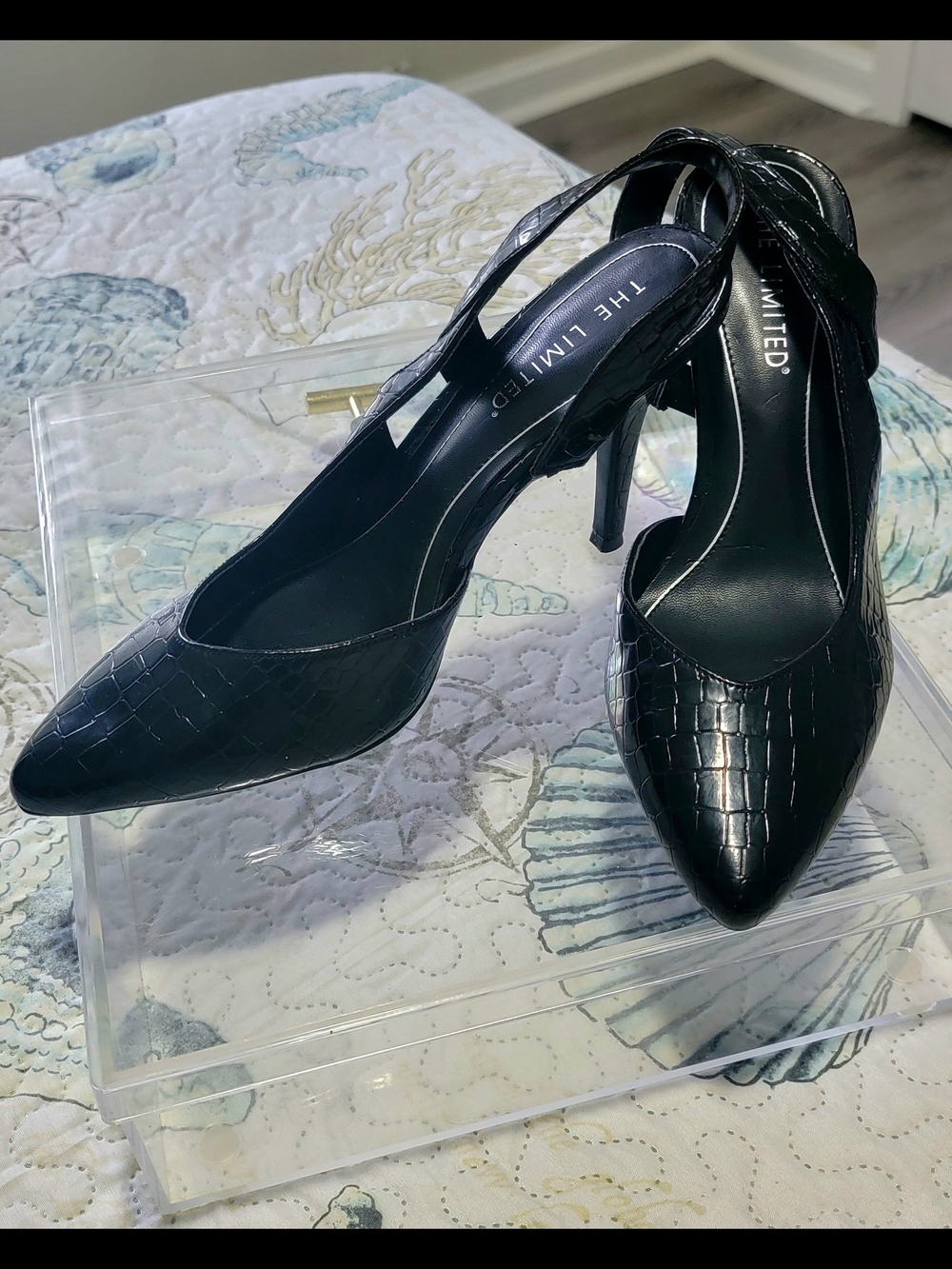 The Limited Black Faux Croc-Embossed Slingback Pointed 4"Heels, 8.5M